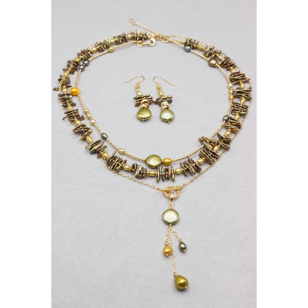 Bohemian Mixed Green Bronze Pearl Necklace Trio Layered Set with Earrings